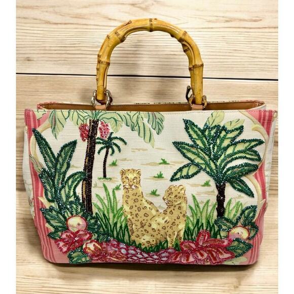 Y2K Isabella Fiore Sequined Leopard Print Bamboo Handle Tote Bag - Picture 1 of 13